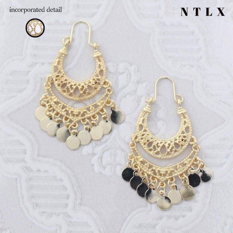 NTLX Bohemian Boho Chandelier Dangle Drop Earrings for Women â€“ Lightweight Filigree Gypsy Coin Disc Tassel Charm Hoops â€“ included Gift Box (Gold) - Image 4